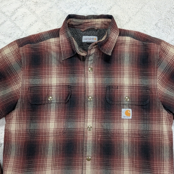 Carhartt Jacket Mens M Gray Red Cedar Plaid Hubbard Sherpa Lined Flannel Shirt - Picture 2 of 8